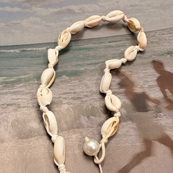 Cowrie Shell Choker Necklace Cream | Coastal Beach Handmade Pearl Charm - Picture 2 of 5